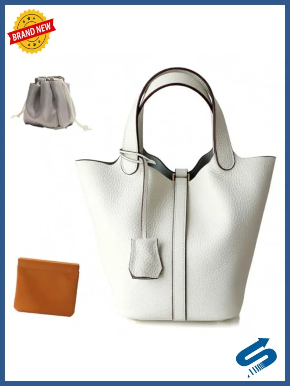 Genuine Leather Lock Design Bucket Satchel Handbag - Shoulder Bag